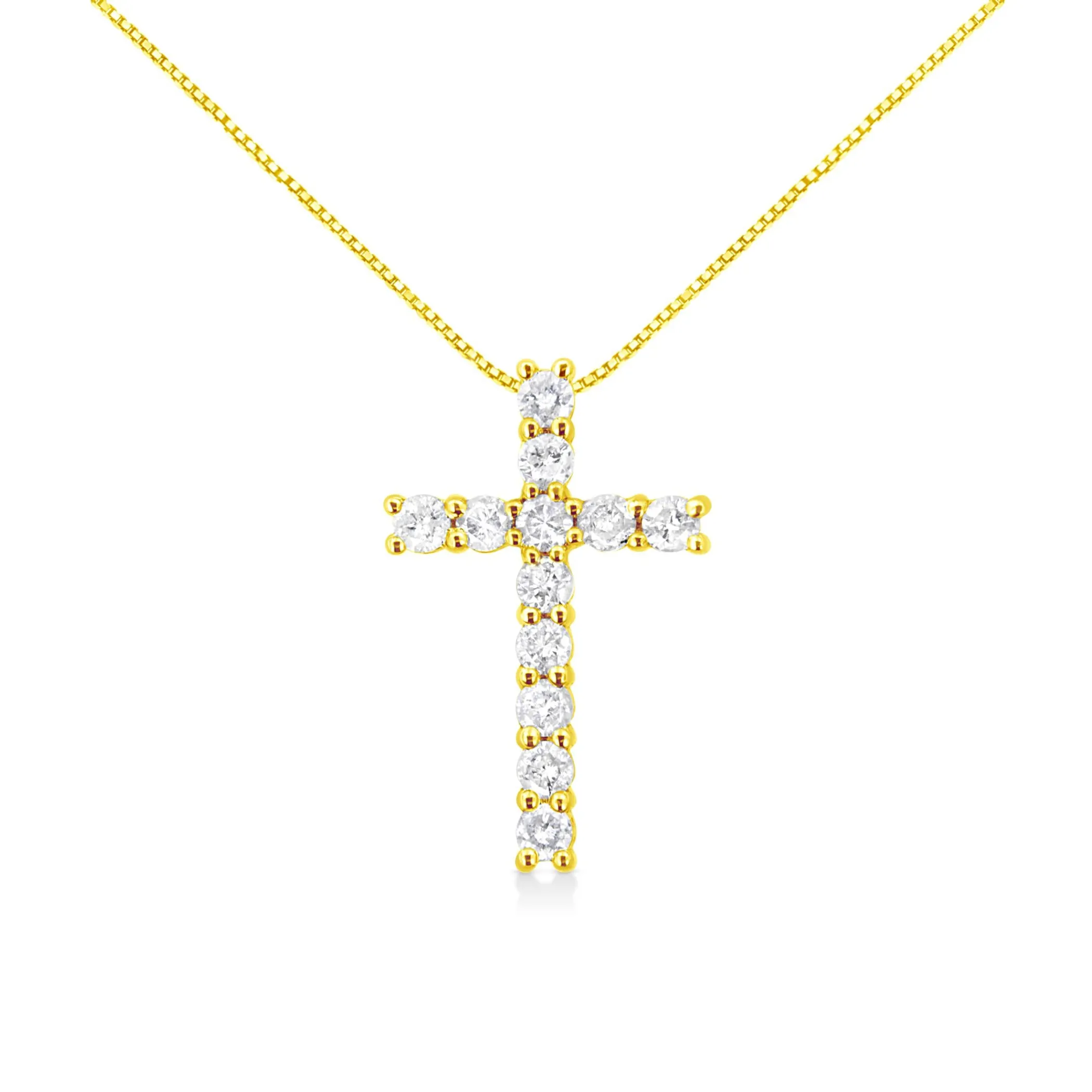 10K Yellow Gold 1.0 Cttw Shared Prong Set Round Brilliant Cut Diamond Cross 18" Pendant Necklace (J-K Color, I2-I3 Clarity)