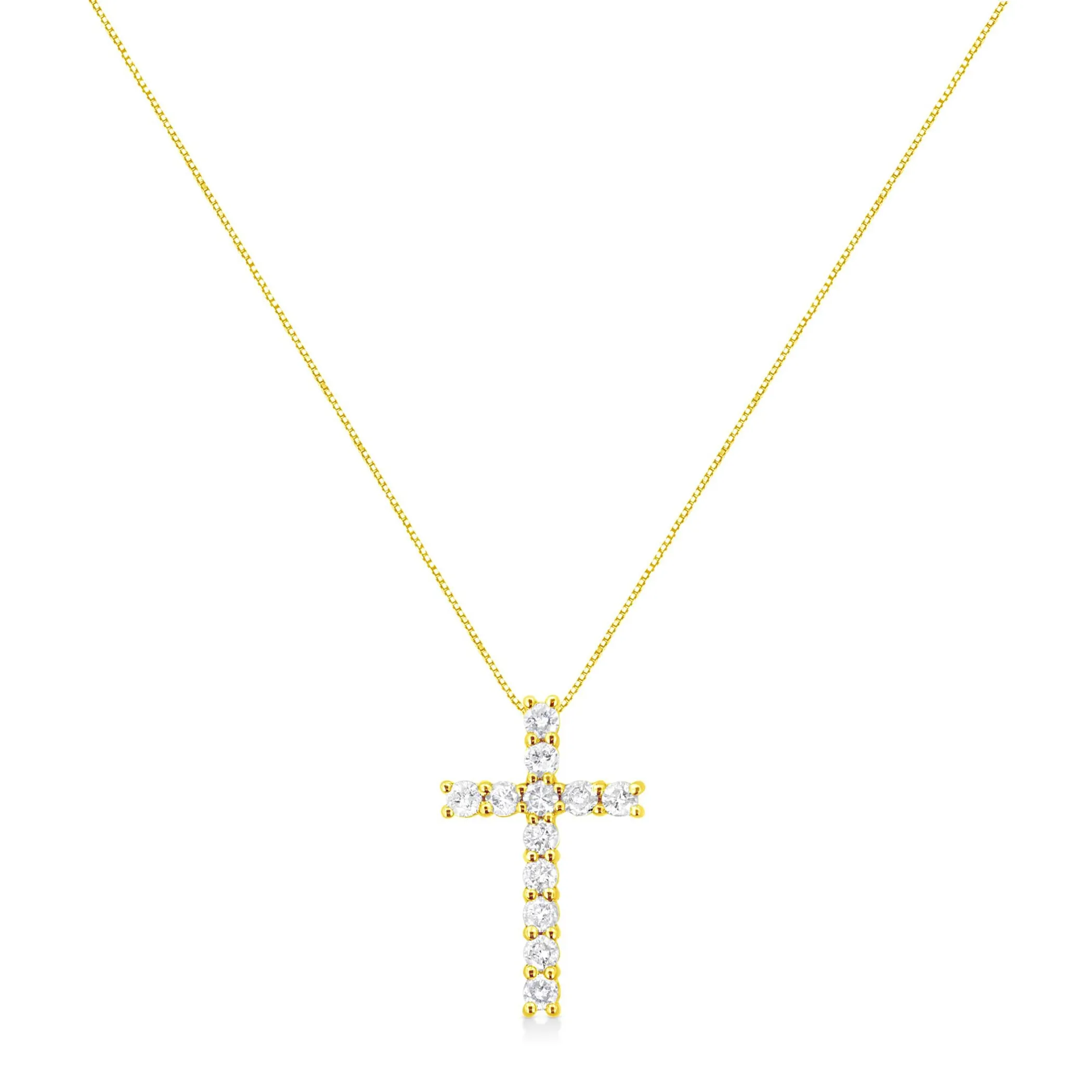 10K Yellow Gold 1.0 Cttw Shared Prong Set Round Brilliant Cut Diamond Cross 18" Pendant Necklace (J-K Color, I2-I3 Clarity)