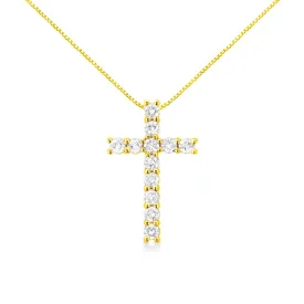 10K Yellow Gold 1.0 Cttw Shared Prong Set Round Brilliant Cut Diamond Cross 18" Pendant Necklace (J-K Color, I2-I3 Clarity)