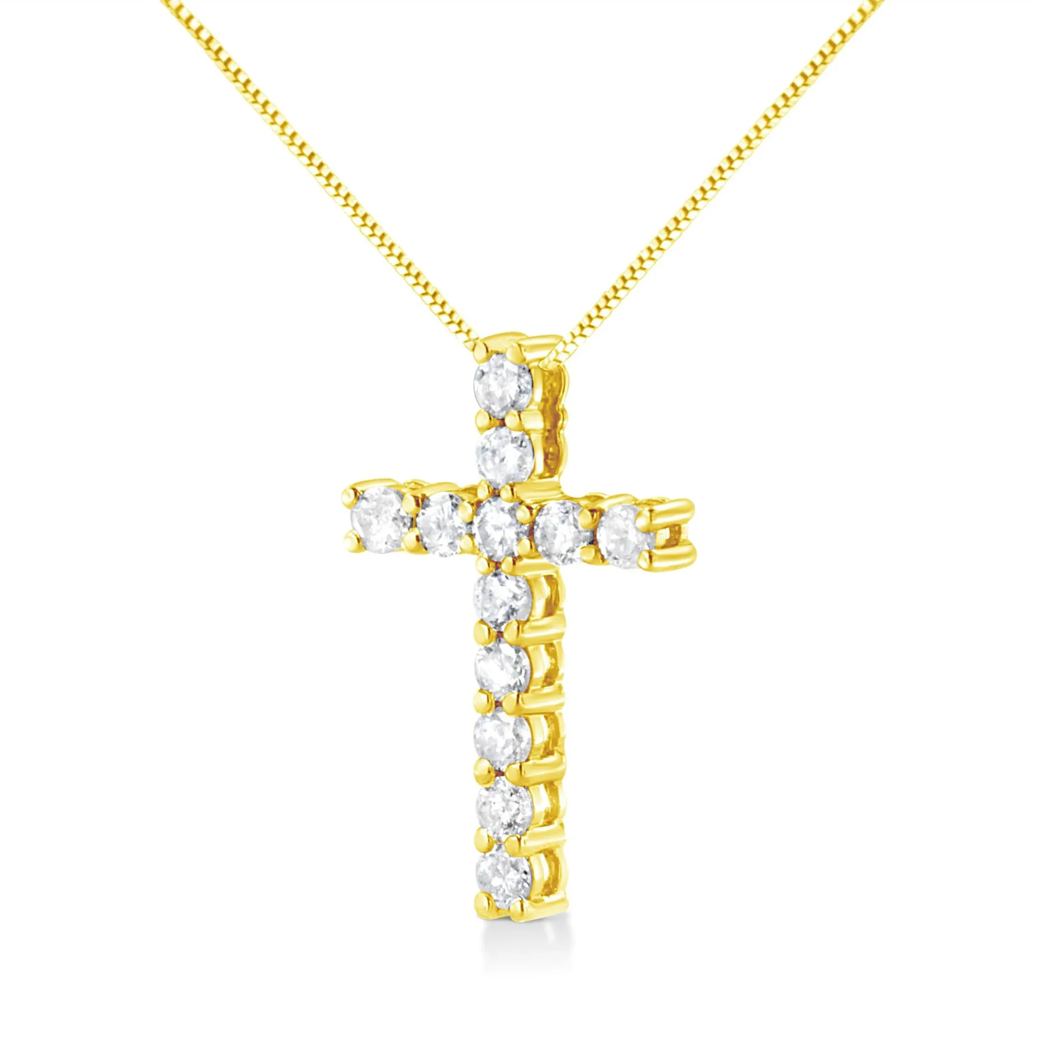 10K Yellow Gold 1.0 Cttw Shared Prong Set Round Brilliant Cut Diamond Cross 18" Pendant Necklace (J-K Color, I2-I3 Clarity)