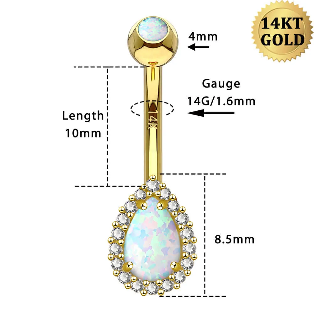 14K Gold Opal Belly Button Ring CZ Paved 14G Belly Ring