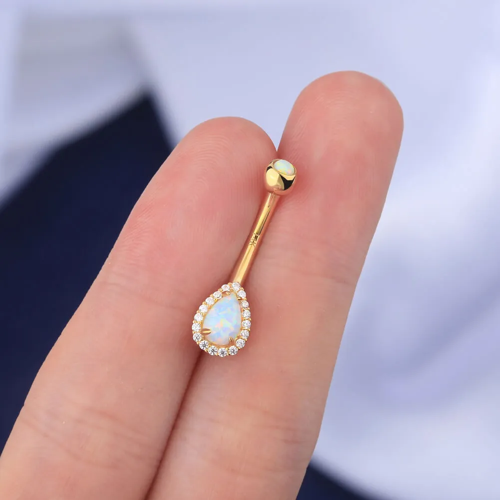 14K Gold Opal Belly Button Ring CZ Paved 14G Belly Ring