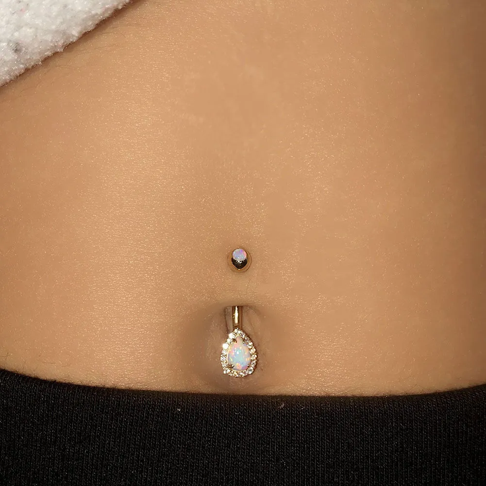 14K Gold Opal Belly Button Ring CZ Paved 14G Belly Ring