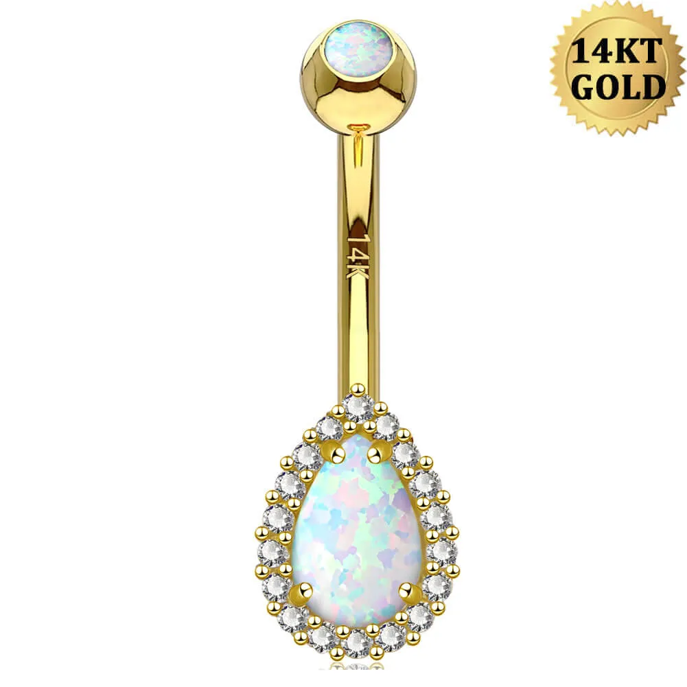 14K Gold Opal Belly Button Ring CZ Paved 14G Belly Ring