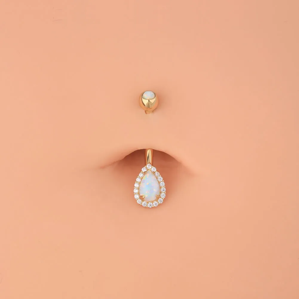 14K Gold Opal Belly Button Ring CZ Paved 14G Belly Ring