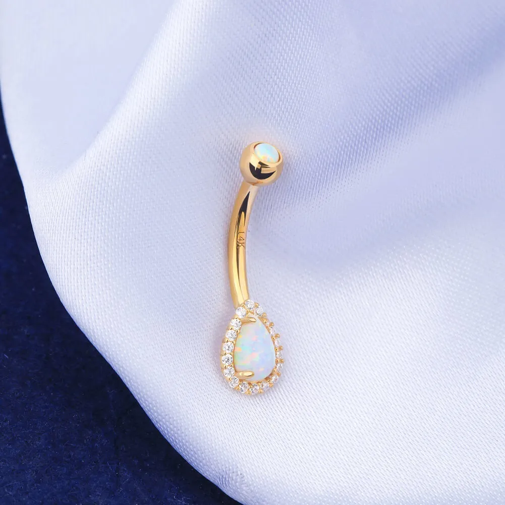 14K Gold Opal Belly Button Ring CZ Paved 14G Belly Ring