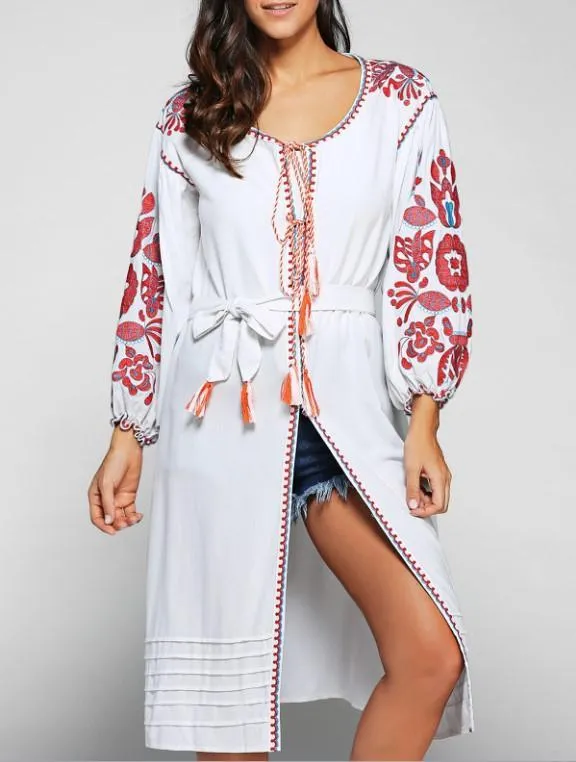 2 Colors Bohemian embroidery tassel linen long dress