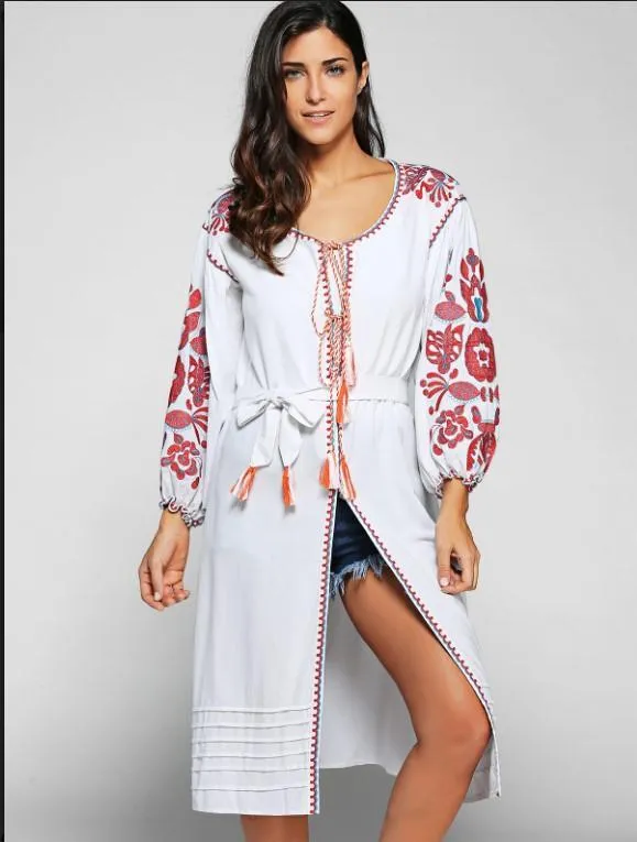 2 Colors Bohemian embroidery tassel linen long dress