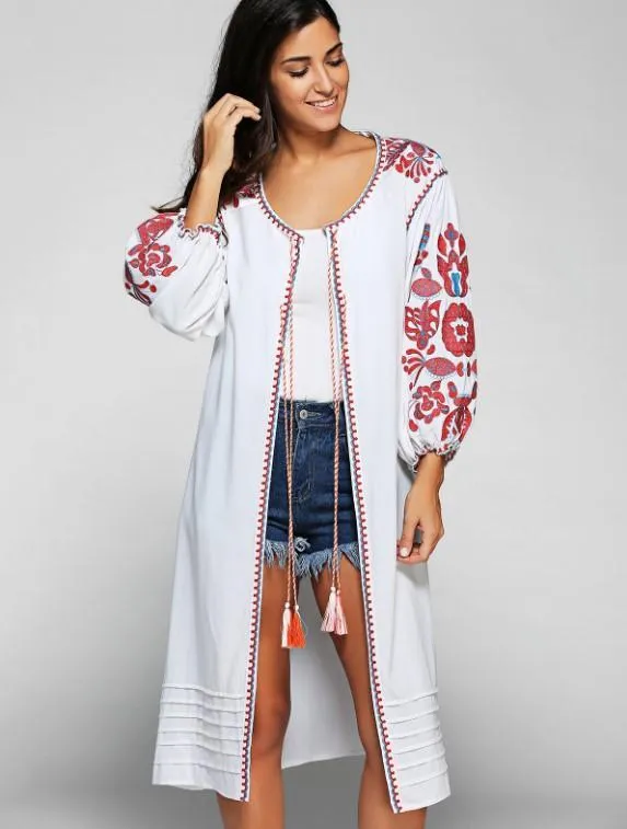 2 Colors Bohemian embroidery tassel linen long dress