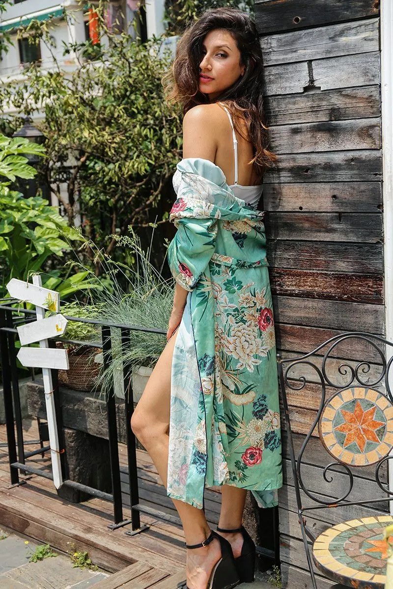 2018 New Arrival Fashion long sleeve printed kimono belt long coat women s bikini cover-ups