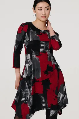 Abstract 3/4 Sleeve Hanky Hem Midi Dress