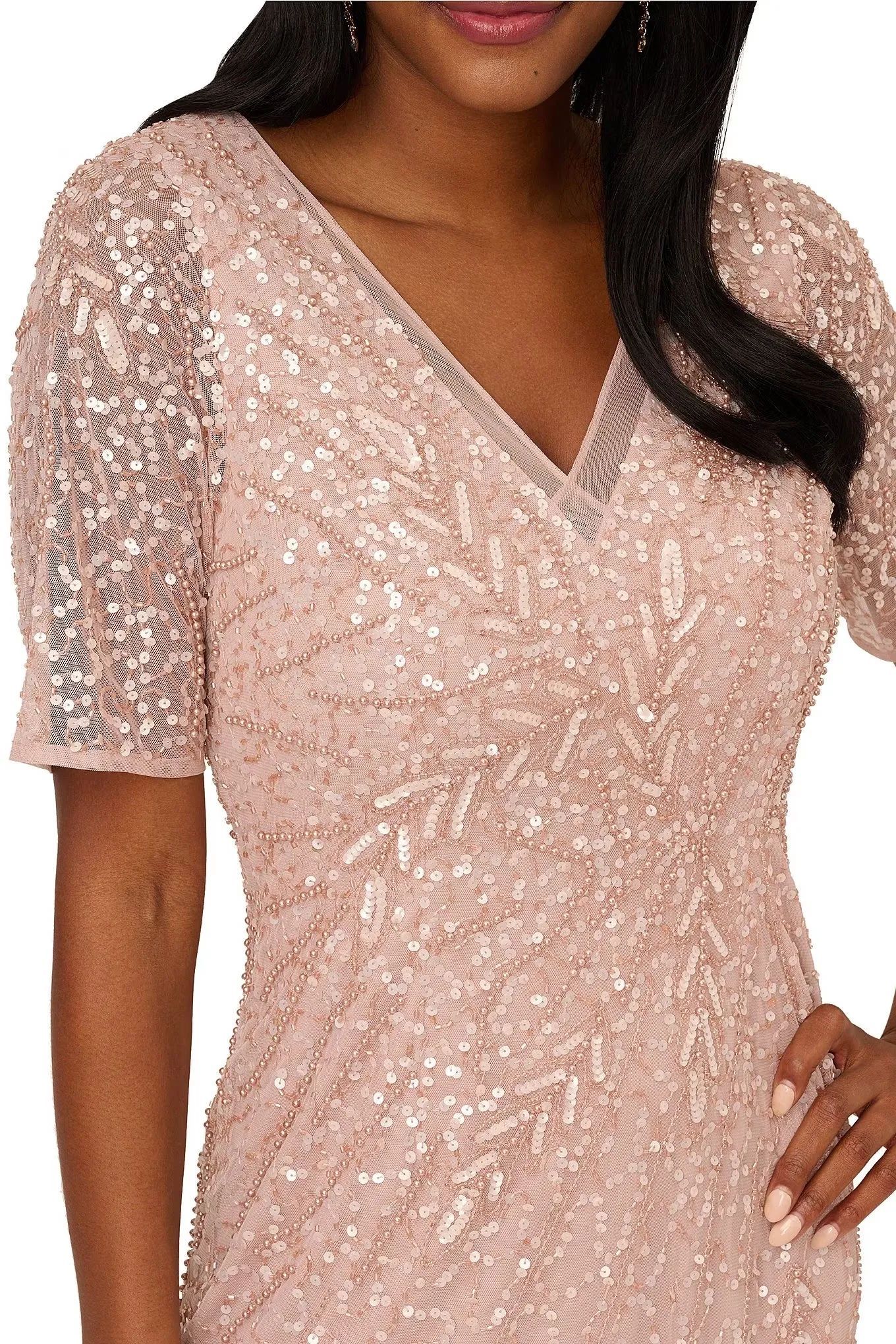 Adrianna Papell V-Neck Short Sleeve Sequin Beaded Zipper Back Godet Mesh Dress