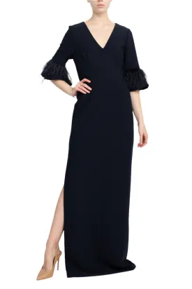 Aidan Mattox V- Neck 3/4 Feathered Bell Sleeves Back Zipper High Thigh Slit Maxi Dress