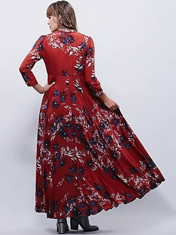 Autumn Floral 3/4 Sleeve V-neck Split-front Bohemia Maxi Dress