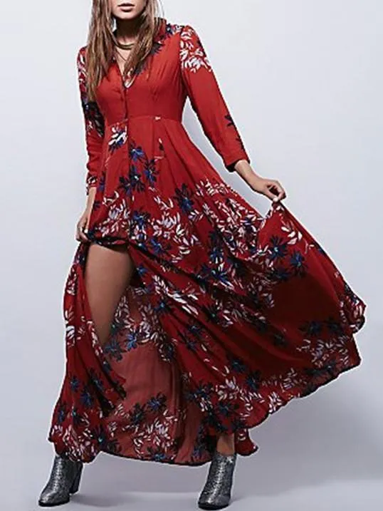 Autumn Floral 3/4 Sleeve V-neck Split-front Bohemia Maxi Dress