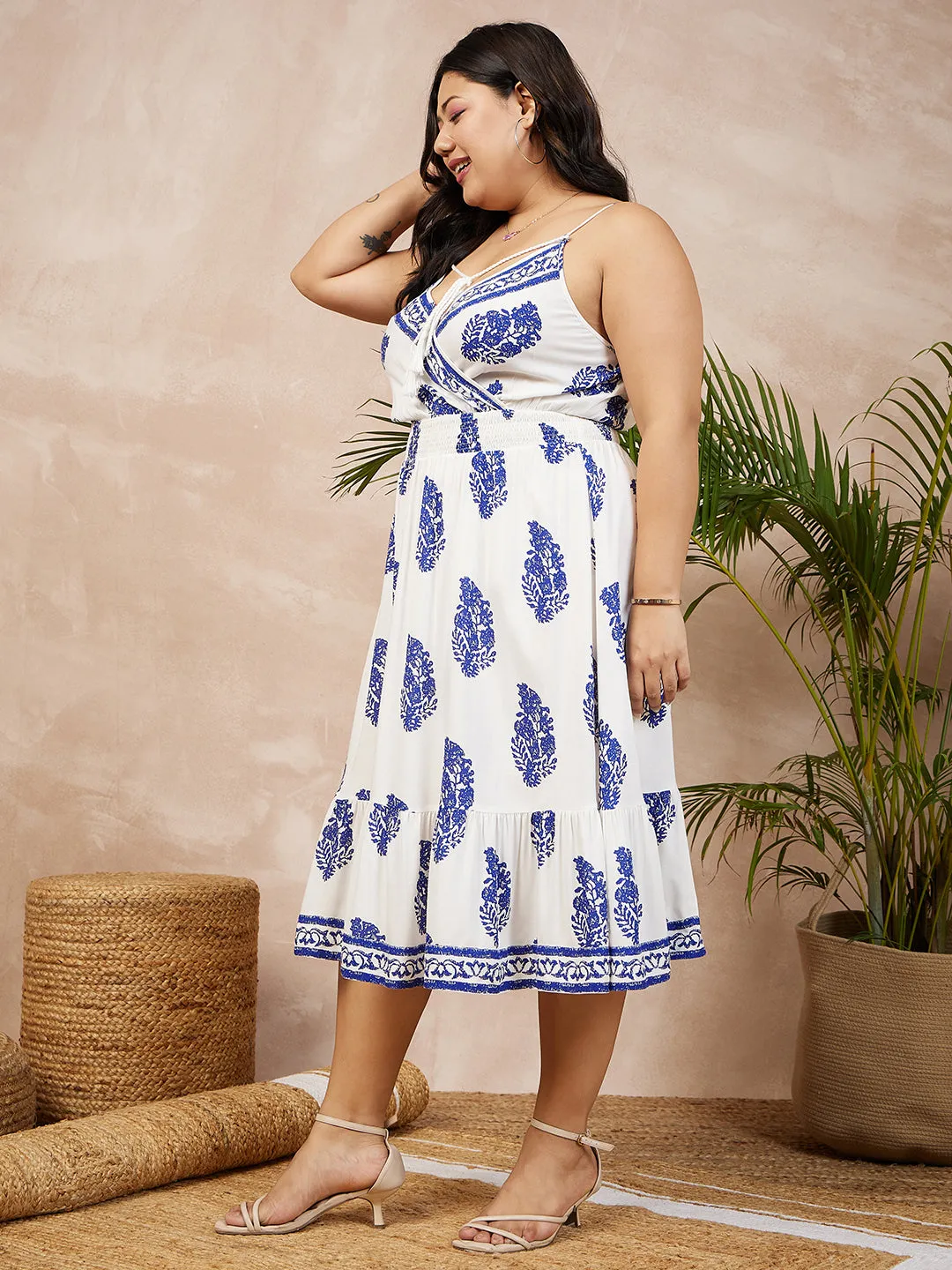 Berrylush Women Plus Size White & Blue Paisley Printed V-Neck Sleeveless Front Tassel Tie-Up Flared A-Line Midi Dress