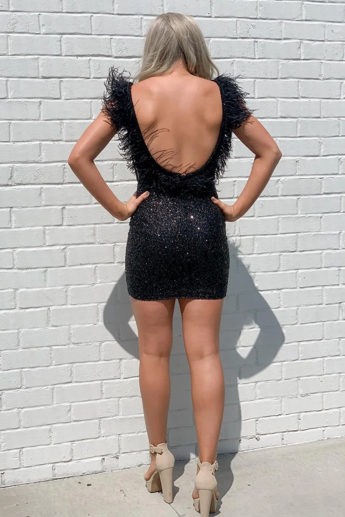 Black Sequins Low Back Feather Tight Homecoming Dress