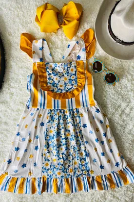 Blue & mustard floral & stripped dress 12067MZ