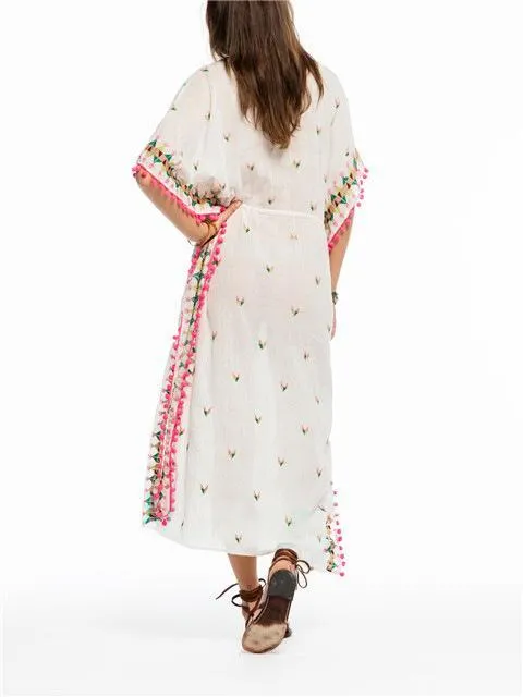 Bohemian embroidered ball pompoms drawstring tassel kimono-style dress