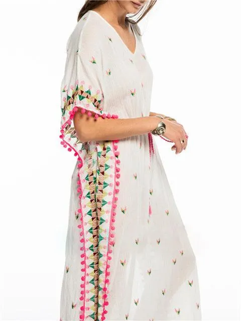 Bohemian embroidered ball pompoms drawstring tassel kimono-style dress