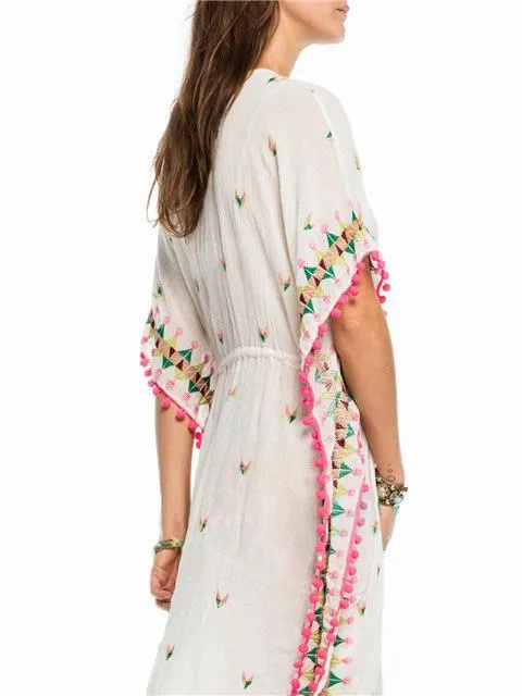 Bohemian embroidered ball pompoms drawstring tassel kimono-style dress