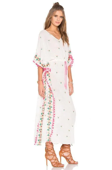 Bohemian embroidered ball pompoms drawstring tassel kimono-style dress