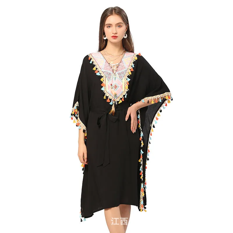 Boho Ethnic Beach Dress Resort Mid Length V Neck Dress