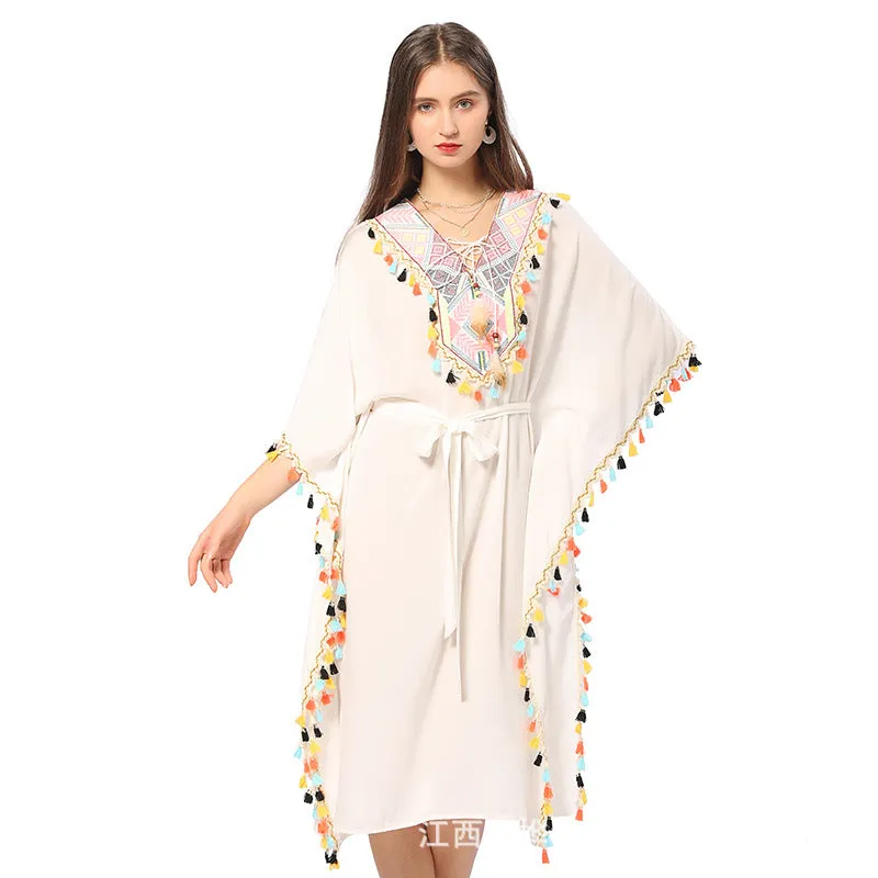 Boho Ethnic Beach Dress Resort Mid Length V Neck Dress