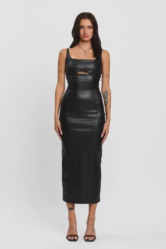 Brenda Sleeveless Vegan Leather Chest Cut Out Midi Dress Black