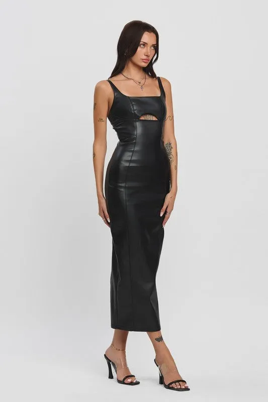 Brenda Sleeveless Vegan Leather Chest Cut Out Midi Dress Black