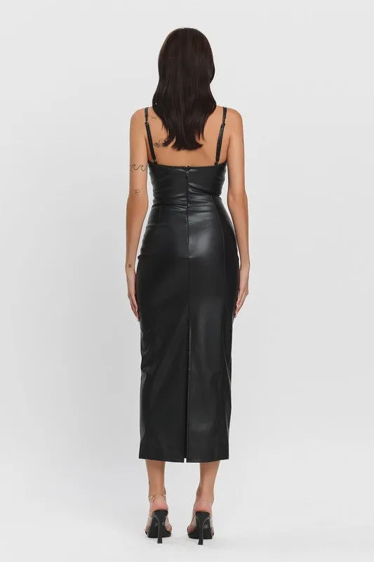 Brenda Sleeveless Vegan Leather Chest Cut Out Midi Dress Black