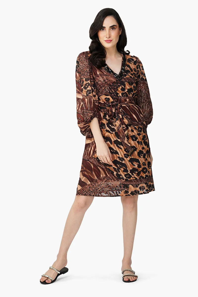 Brown Animal Patch Print Short Dress