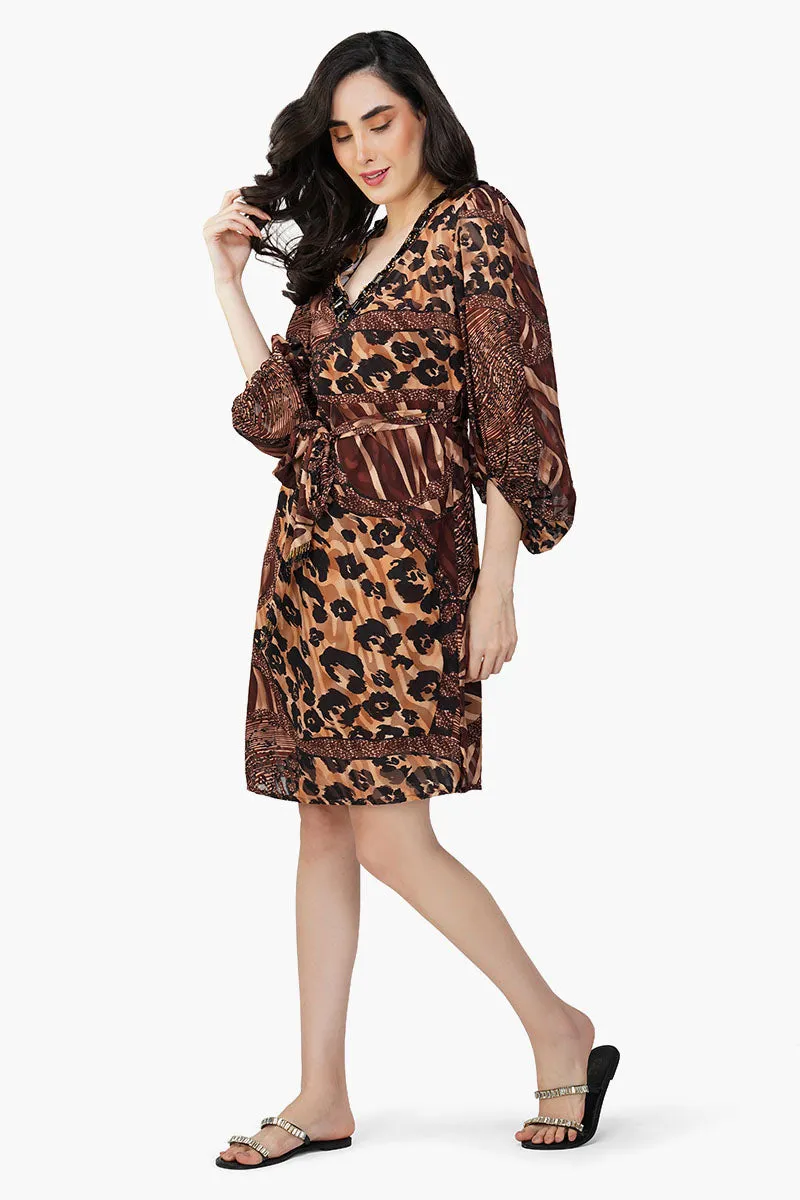 Brown Animal Patch Print Short Dress