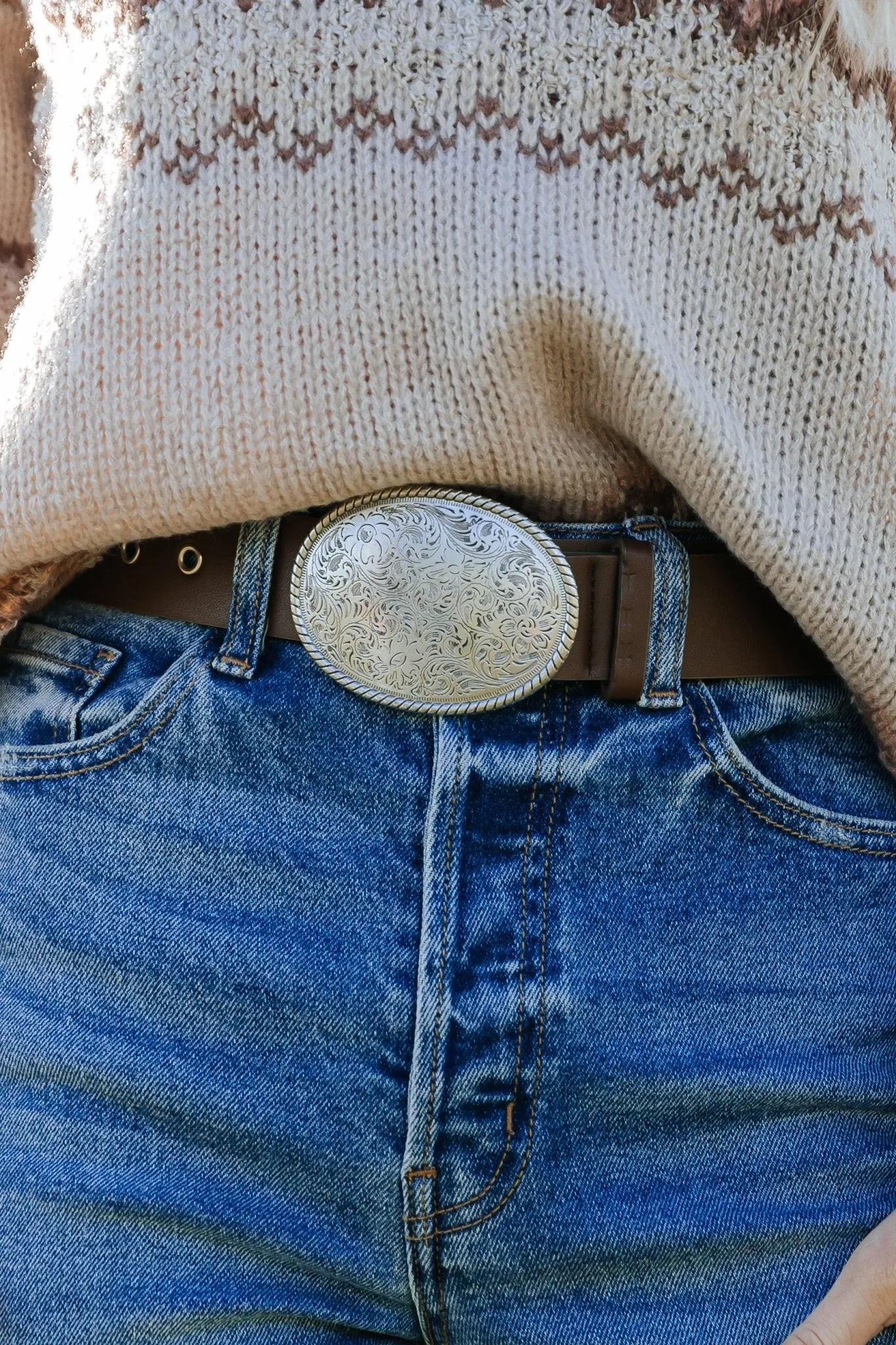 Brown Faux Leather Oval Buckled Belt