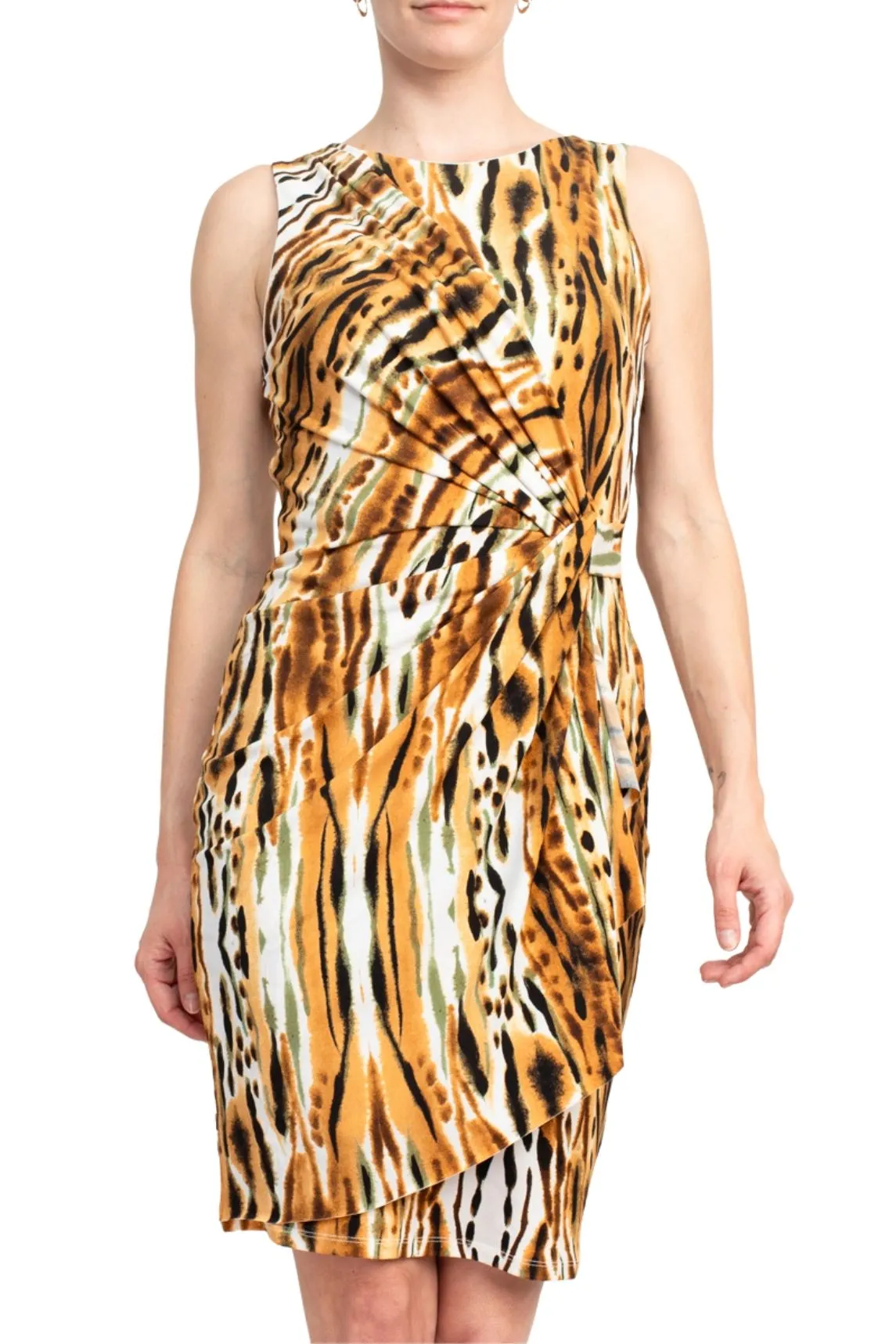 Catherine Malandrino Boat Neck Sleeveless Gathered Side Animal Print Jersey Dress