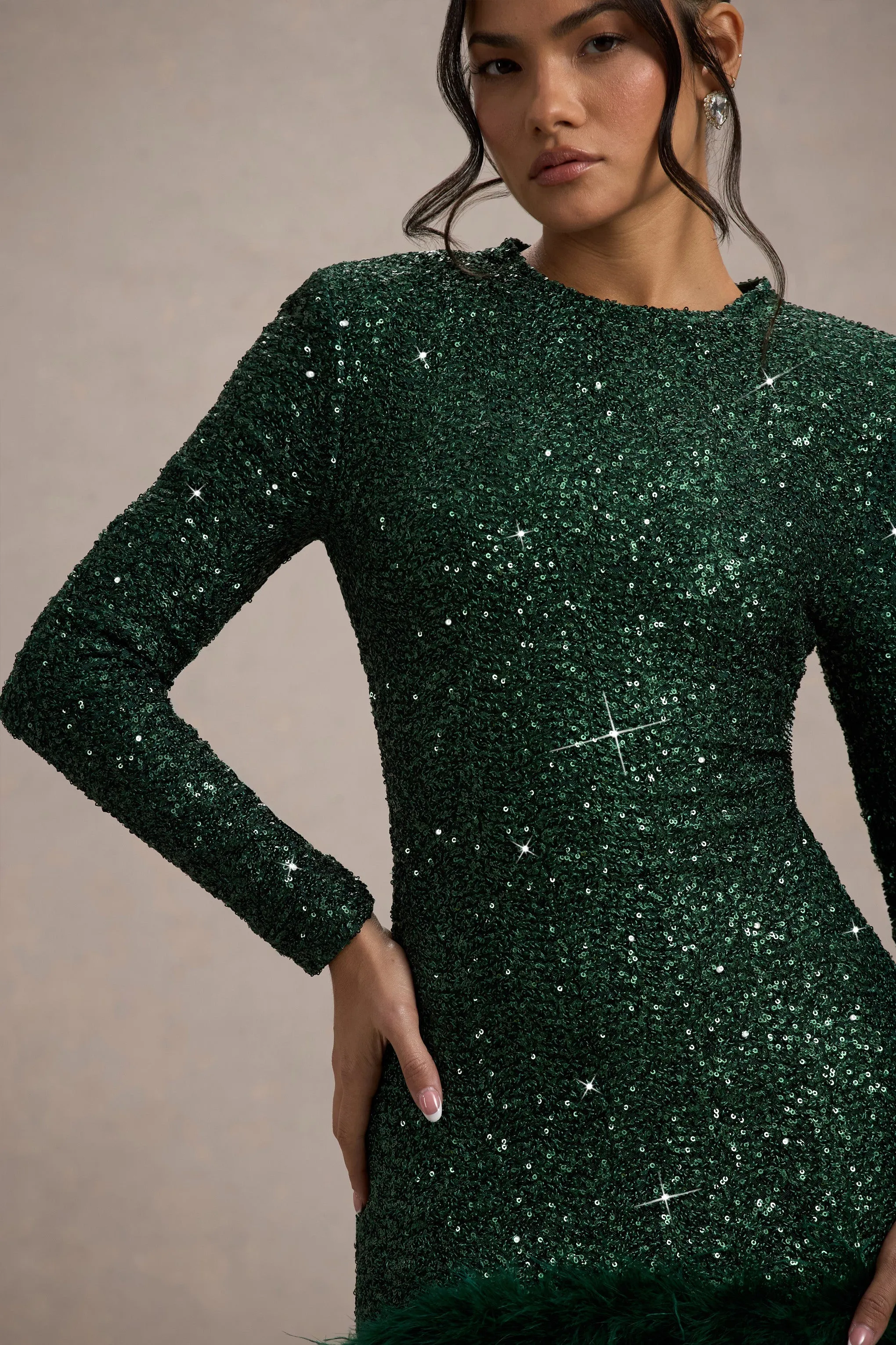 Claudia | Bottle Green Sequin High Neck Feather Hem Mini Dress With Long Sleeves