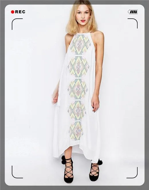 Color geometric embroidery suspenders long sleeveless sexy dress