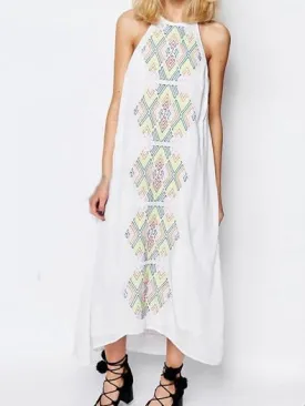 Color geometric embroidery suspenders long sleeveless sexy dress