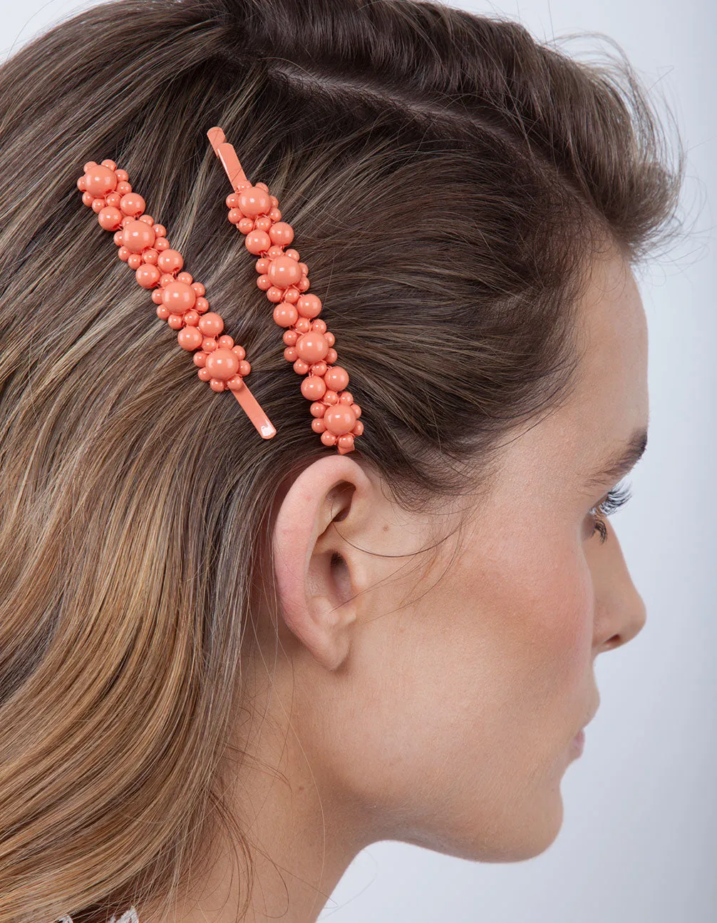 Coral Multi Bead Hair Clip Duo