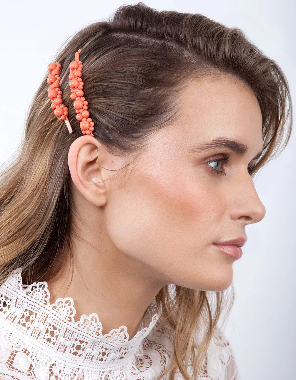 Coral Multi Bead Hair Clip Duo