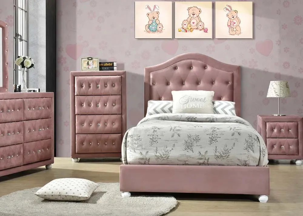 Darren Twin Bed w/Arched Style Headboard, Pink Fabric