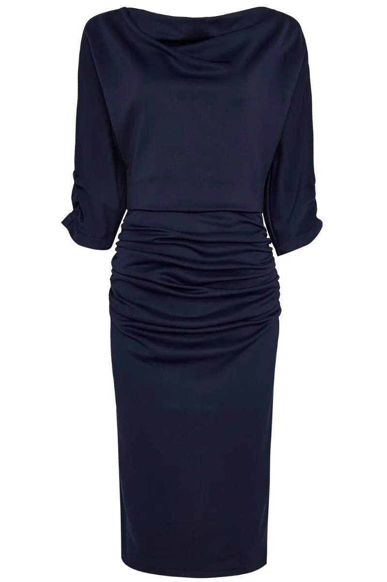 Diane Ruffled Waist & Long Sleeved Tight Wiggle Dress  Navy