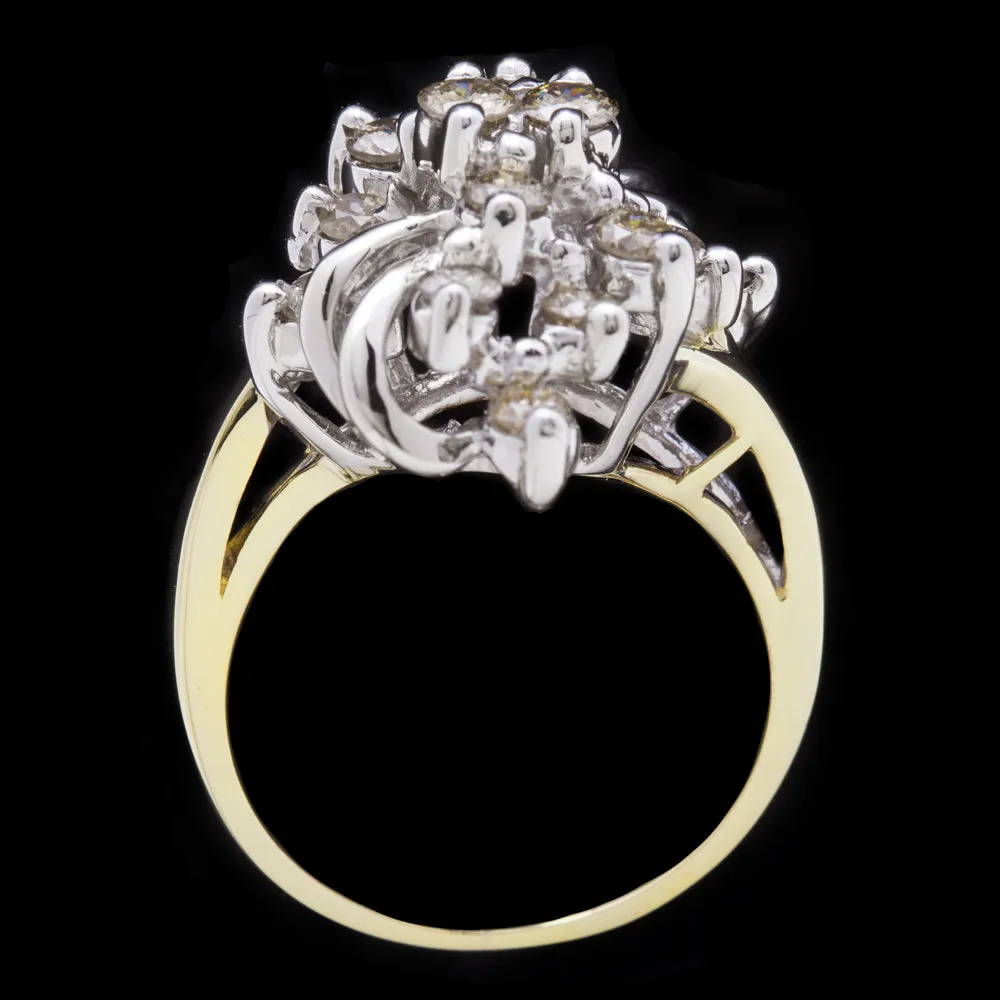 ESTATE DIAMOND COCKTAIL RING FANCY CHAMPAGNE TWO TONE 14k GOLD BIG SWIRL DINNER