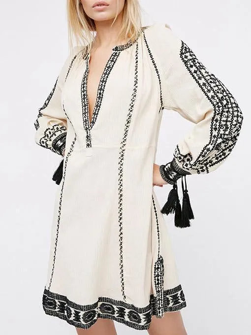 Ethnic-style Embroidery Tassels V-neck Mini Dress