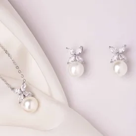 Etta Pearl & Floral Marquise Crystal Stud Earrings and Pendant Necklace Set