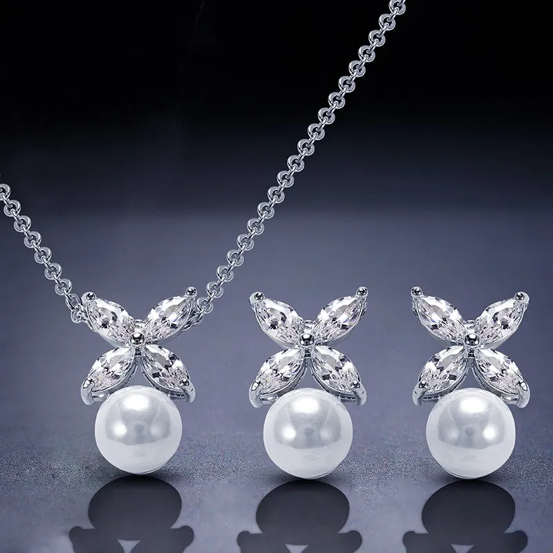 Etta Pearl & Floral Marquise Crystal Stud Earrings and Pendant Necklace Set