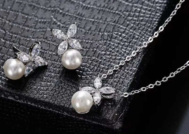 Etta Pearl & Floral Marquise Crystal Stud Earrings and Pendant Necklace Set