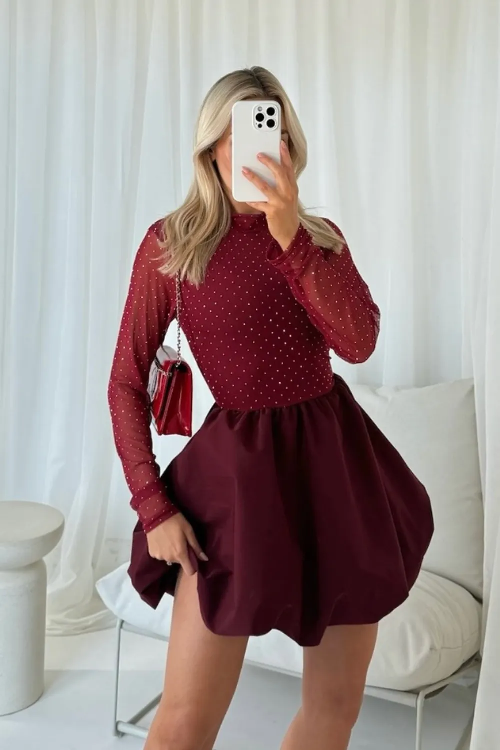 Faye burgundy diamante mesh puffball dress