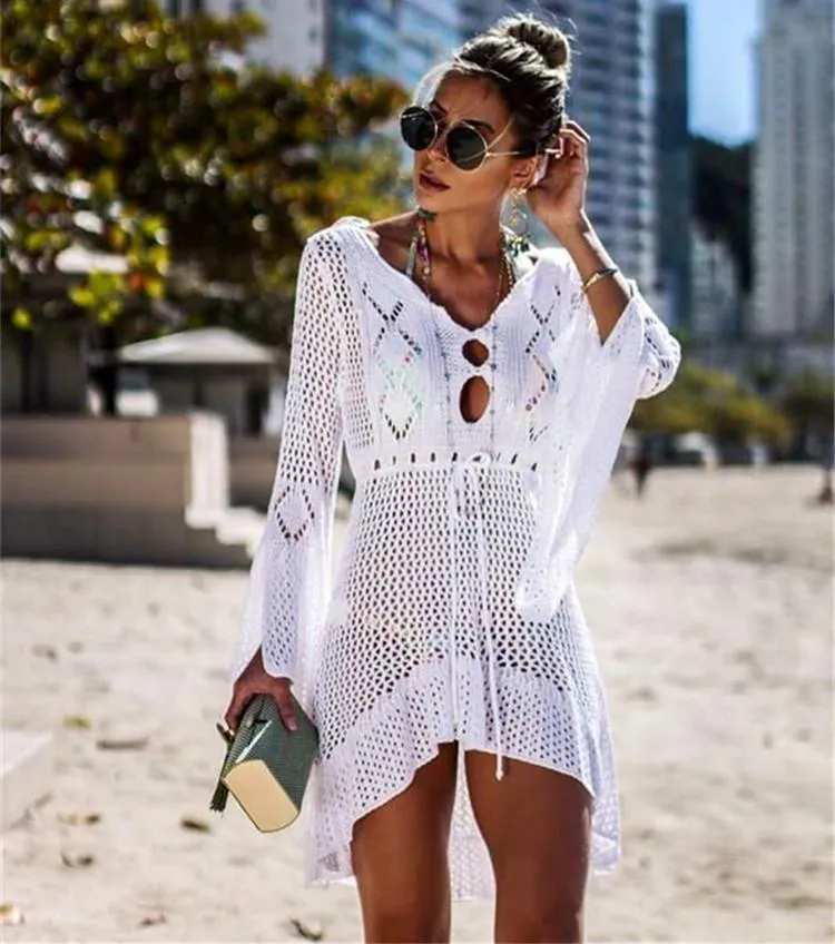 Flared Sleeves Hollow Crochet Swimwear Cover-ups Mini Dress