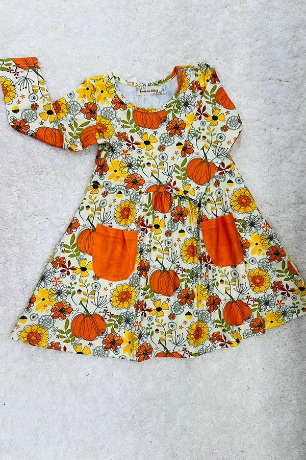 Floral & pumpkin print pockets long sleeve dress XCH0014-1H